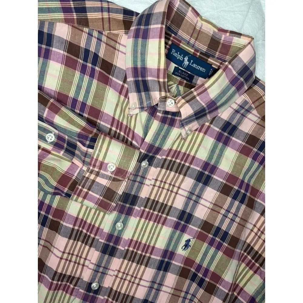 Vintage Ralph Lauren Long Sleeve Button‎ Down Shirt Large Plaid Blake Colorful